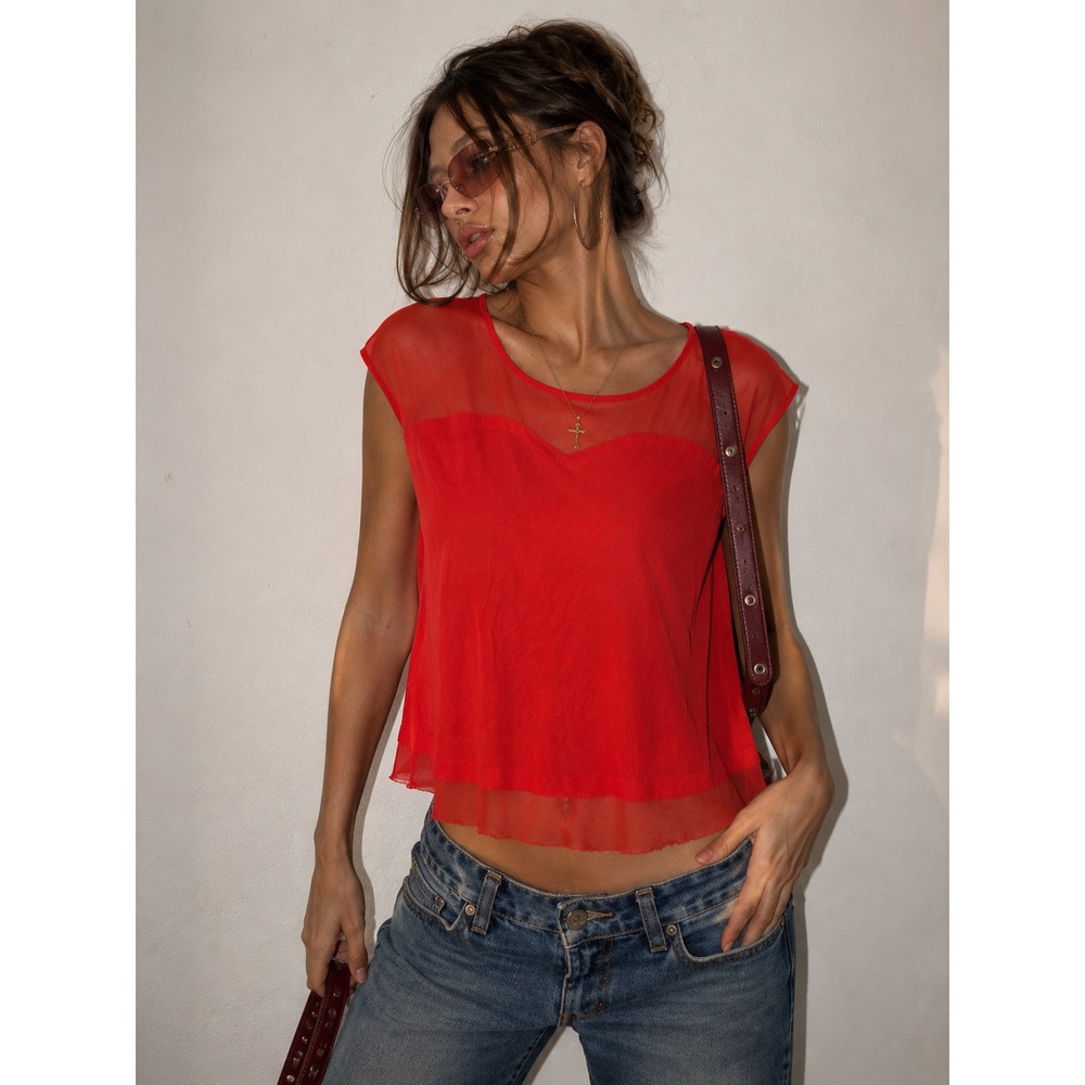 Vintage Guess Los Angeles Red Sheer Mesh Yoke Cap Sleeve Tulip Back Blouse XS